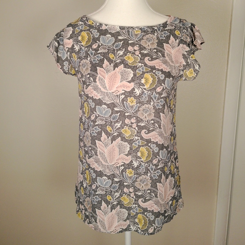 Loft Womens XS Floral Paisley Flutter Sleeve Mixed Media Blouse Grey Pink 509014